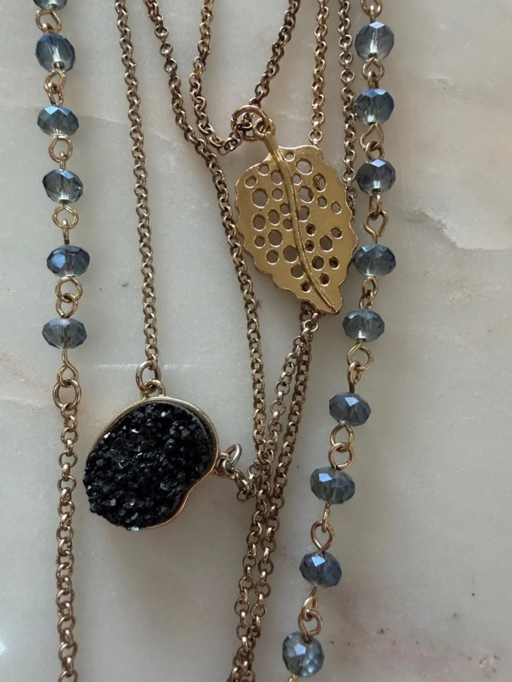 Parklane Gold-Tone Layered Necklace with Black Druzy and Blue Bead Accents